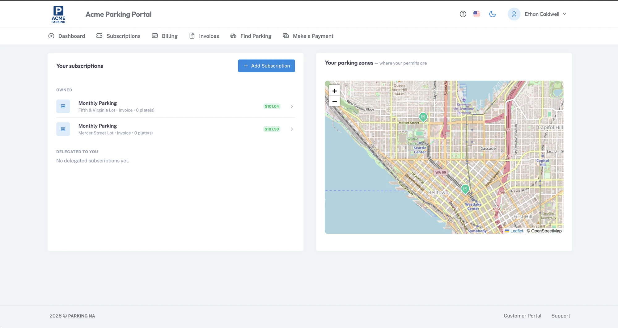 Branded parker portal with active monthly permits and a parking zone map