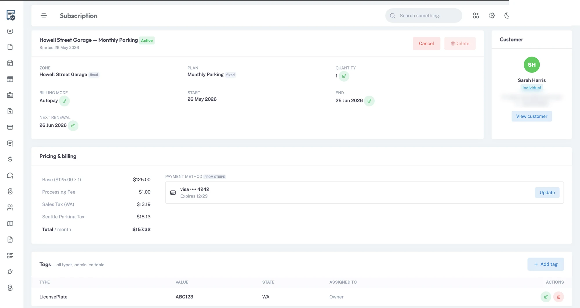 Subscription detail with itemized pricing, fees, taxes, and saved payment method